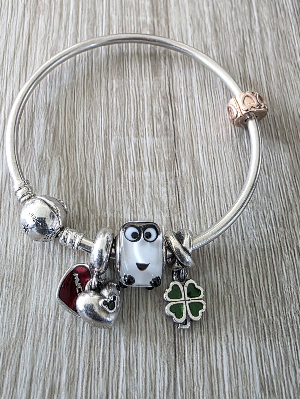 Silver Pandora Style Charm Bracelet with Dog, Heart, and Clover